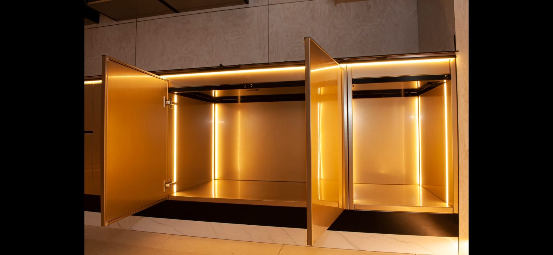 Stainless steel kitchen in warm light